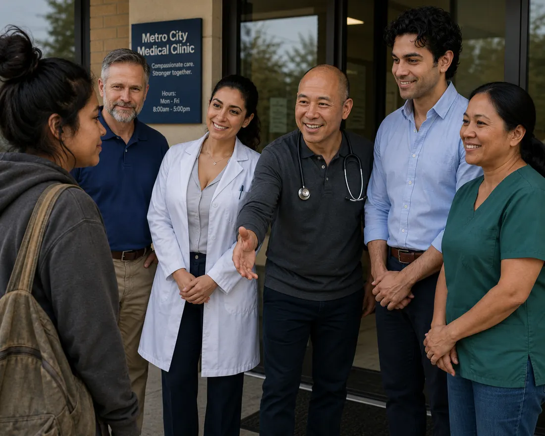The Metro City care team welcoming a patient outside the clinic